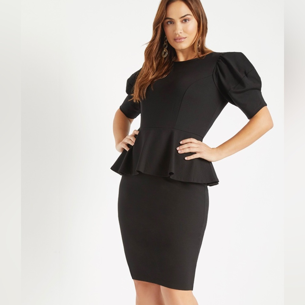 ELOQUII Puff Sleeve Peplum Dress - Navy
